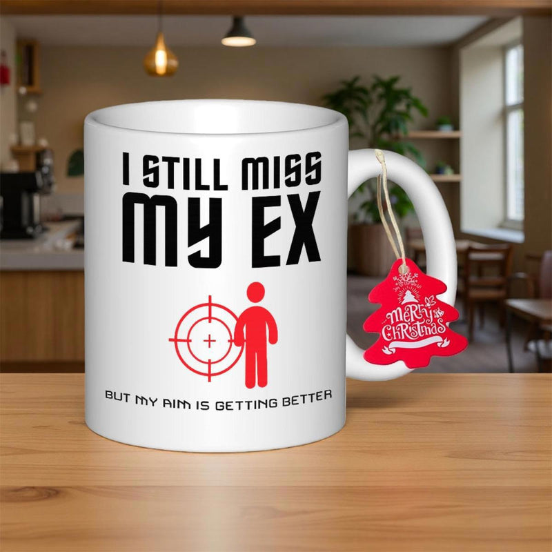 Tailorly White Ceramic 11 oz Mug - I Still Miss My Ex But My Aim Is Getting Better Simple Red Target Symbol With Minimalist Human Silhouette Icon Graphics Mug