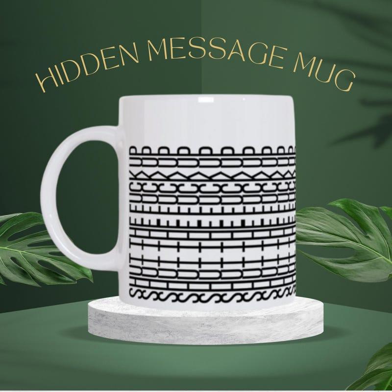 Tailorly White Ceramic 11 oz Mug - Hidden Message Mug Ornate Tribal Inspired Geometric Pattern Bands In Symmetrical Black Ink Mug