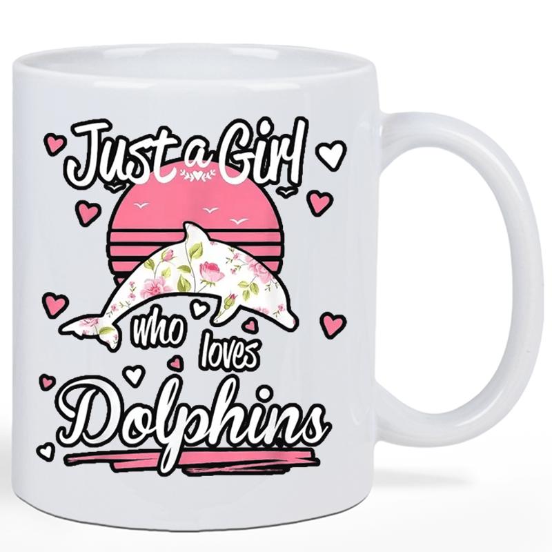 Tailorly White Ceramic 11 oz Mug - Just A Girl Who Loves Dolphins Jumping Floral Patterned Mammal Among Tiny Hearts And Sunset Dolphin