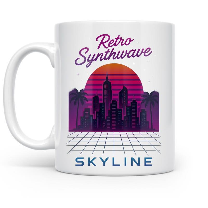 Tailorly White Ceramic 11 oz Mug - Retro Synthwave Skyline Glowing Sunset Over Urban Silhouette With Tropical Palms And Grid Skyline