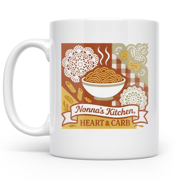 Tailorly White Ceramic 11 oz Mug - Nonnas Kitchen Heart Carb Steaming Bowl Of Italian Pasta Surrounded By Traditional Delicate Lace Pattern Pasta Bowl