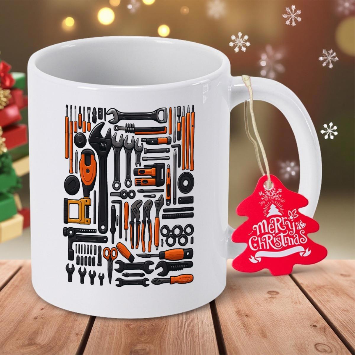 Tailorly White Ceramic 11 oz Mug - Merry Christmas Neatly Arranged Industrial Hand Tools In A Creative Rectangular Grid Tool