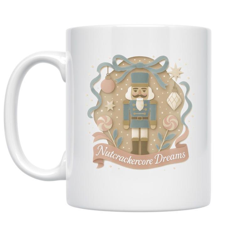 Tailorly White Ceramic 11 oz Mug - Nutcracker Dreams Elegant Toy Soldier Within Ornate Ribbon Frame And Winter Candies Nutcracker