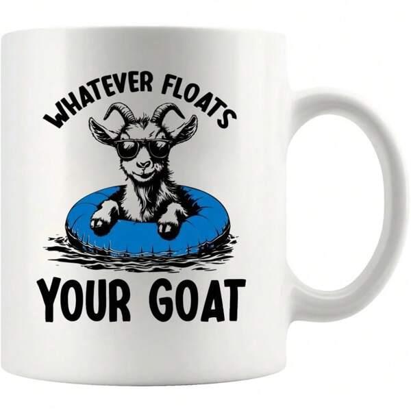 Tailorly White Ceramic 11 oz Mug - Whatever Floats Your Goat Relaxing Animal Wearing Sunglasses Inside A Bright Blue Floating Inner Tube Goat