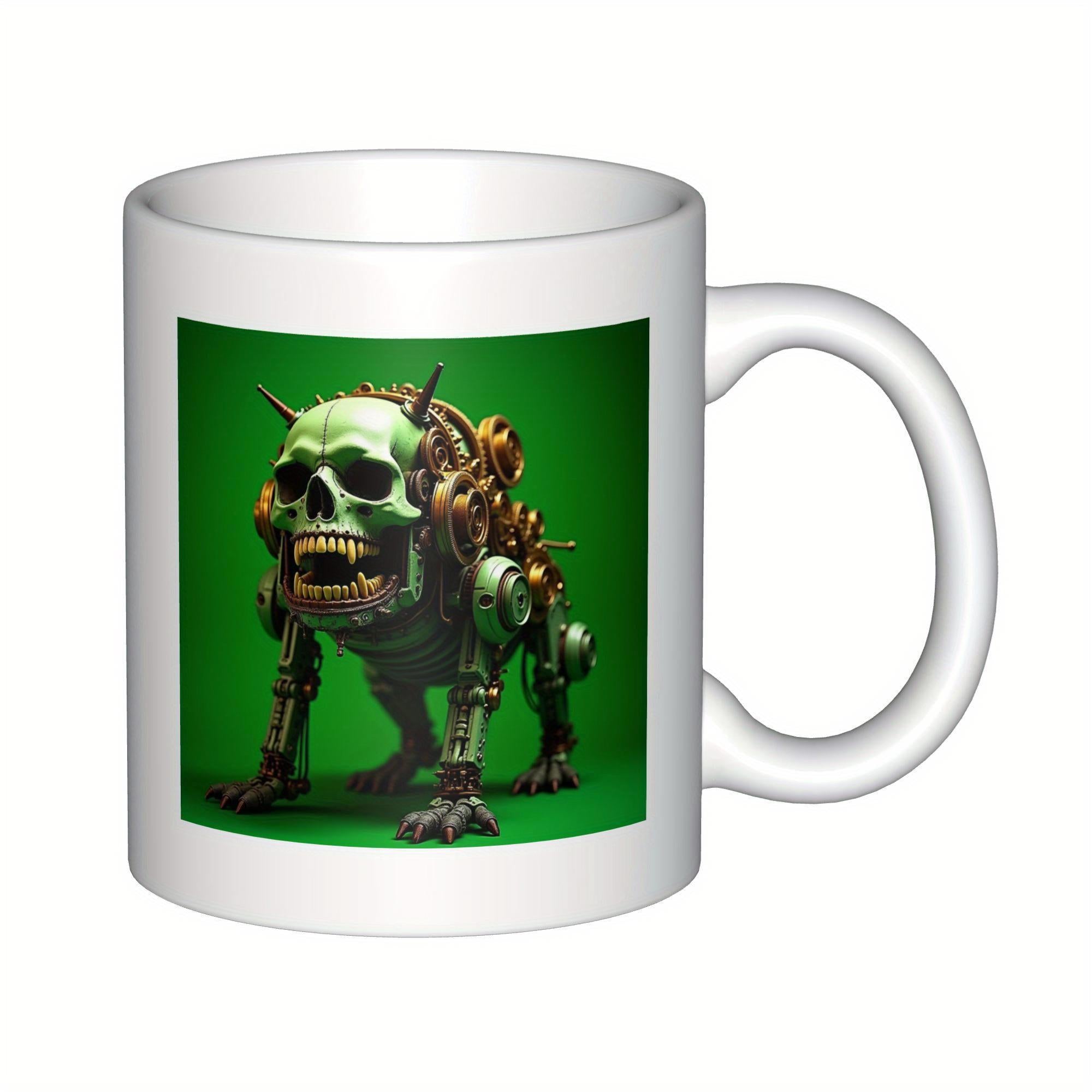Tailorly White Ceramic 11 oz Mug - Mechanical Steampunk Cyborg Skeleton Standing On Four Legs Against Green Background Creature