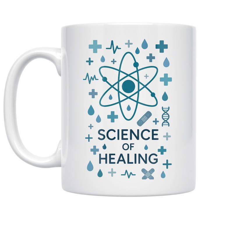 Tailorly White Ceramic 11 oz Mug - Science Of Healing Scientific Symbols And Medical Icons Surrounding A Central Atomic Design Atom