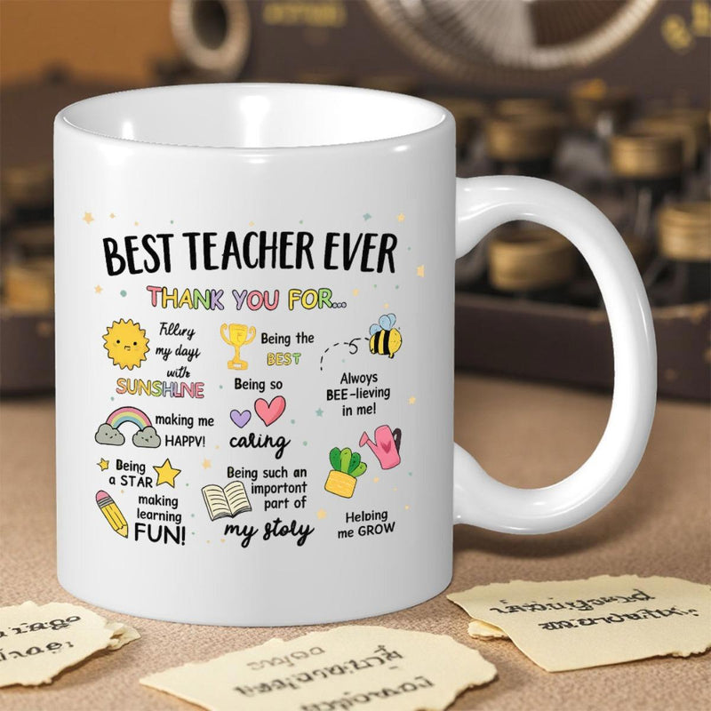 Tailorly White Ceramic 11 oz Mug - Best Teacher Ever Vibrant Hand Drawn Classroom Icons And Inspirational Appreciation Phrases Design