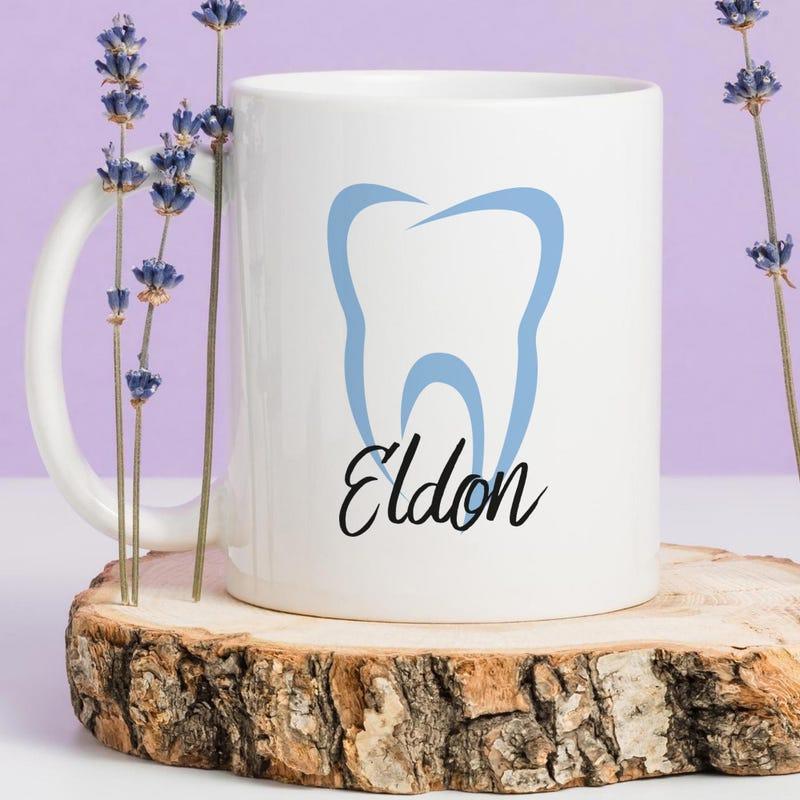 Tailorly White Ceramic 11 oz Mug - Eldon Blue Outlined Stylized Human Molar Icon Representing Professional Dental Practice Tooth