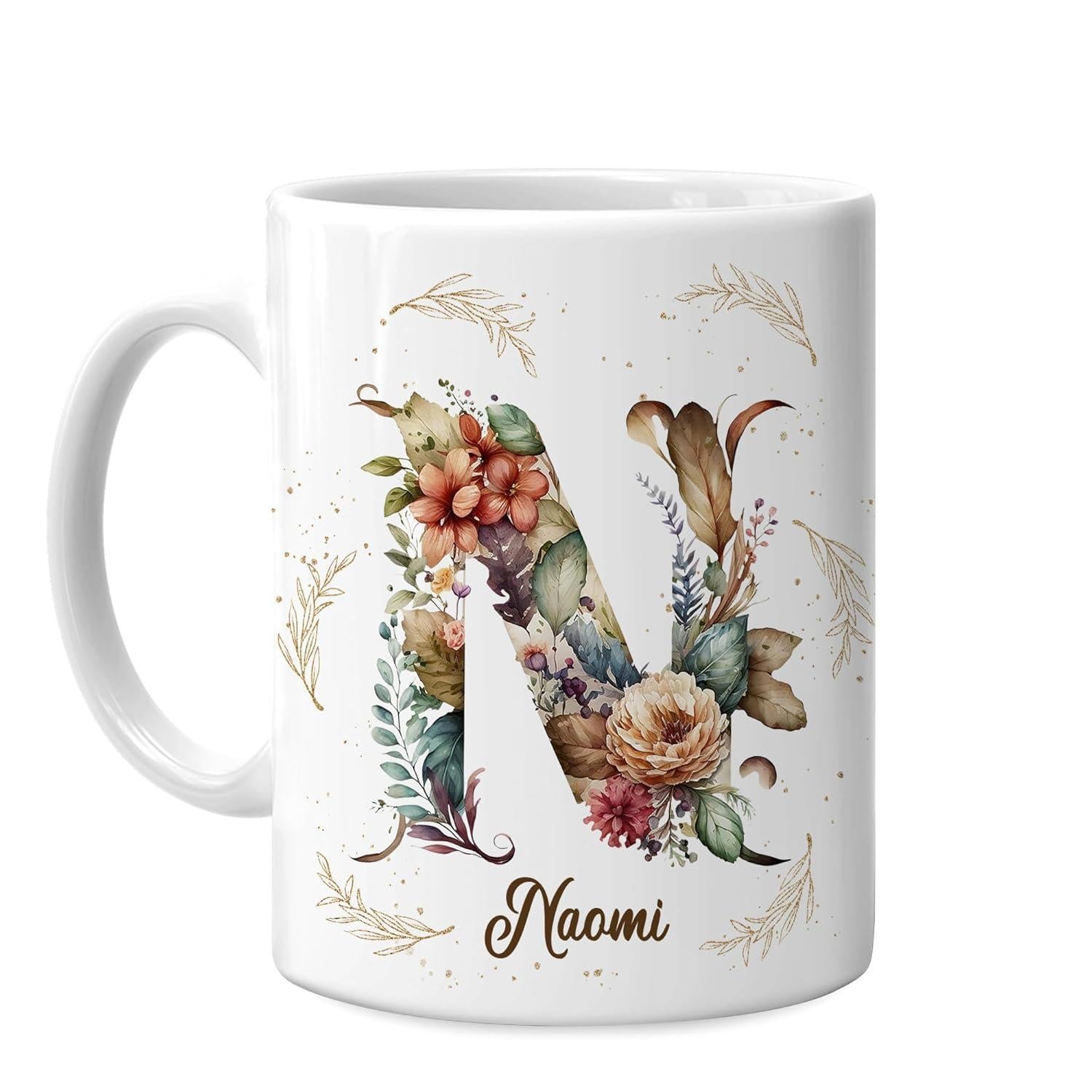 Tailorly White Ceramic 11 oz Mug - Naomi Vintage Watercolor Flowers And Delicate Leaves Creating A Beautiful Floral Initial Letter