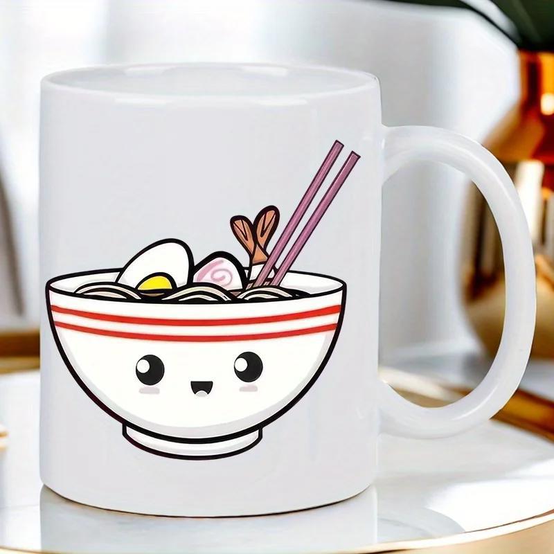 Tailorly White Ceramic 11 oz Mug - Kawaii Smiling Bowl With Delicious Noodles Egg Shrimp And Purple Chopsticks Ramen