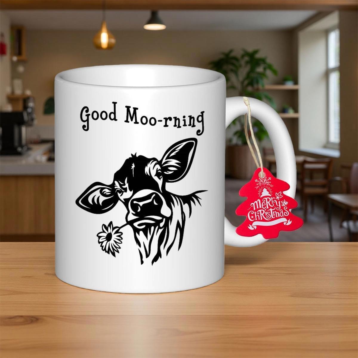 Tailorly White Ceramic 11 oz Mug - Good Mooring Whimsical Hand Drawn Sketch Of A Happy Cow Chewing A Flower Cow