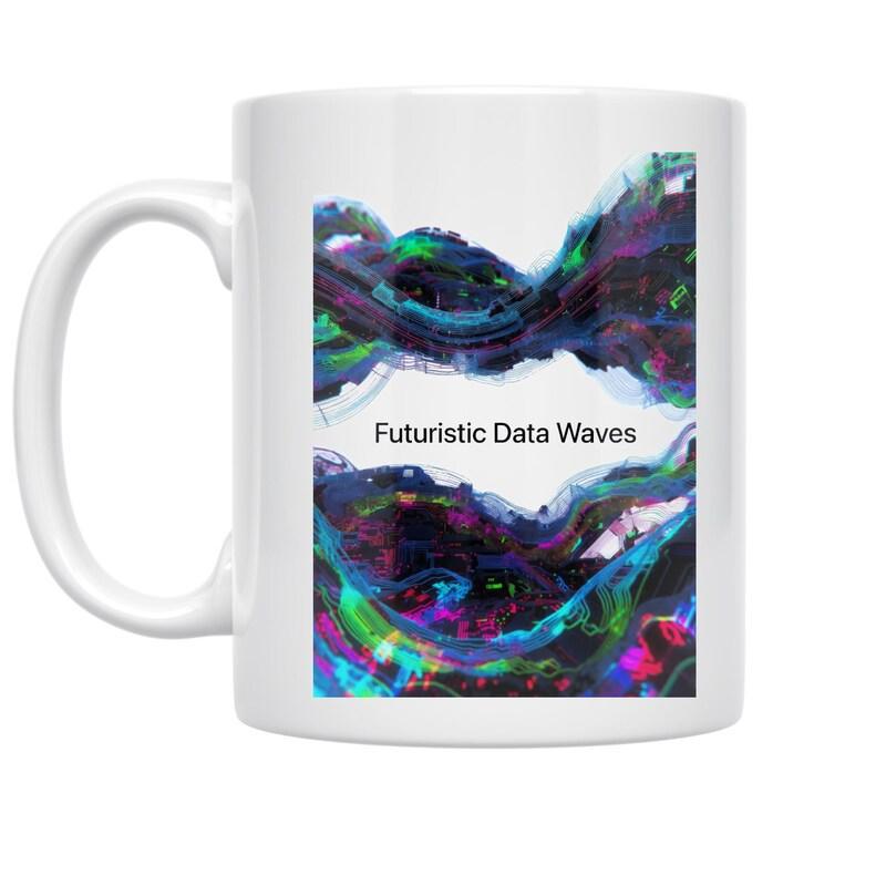 Tailorly White Ceramic 11 oz Mug - Futuristic Data Waves Vibrant Colorful Abstract Fluid Energy Flowing Through Digital Space Waves