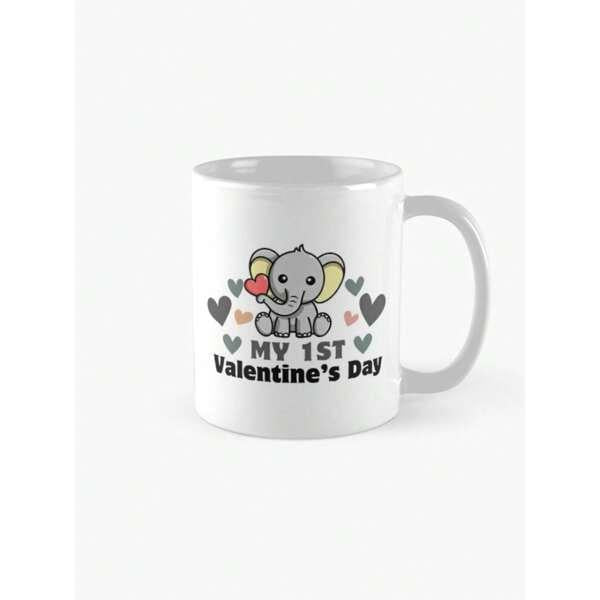 Tailorly White Ceramic 11 oz Mug - My 1st Valentine's Day Adorable Sitting Baby Elephant Holding Heart Among Many Floating Hearts Elephant