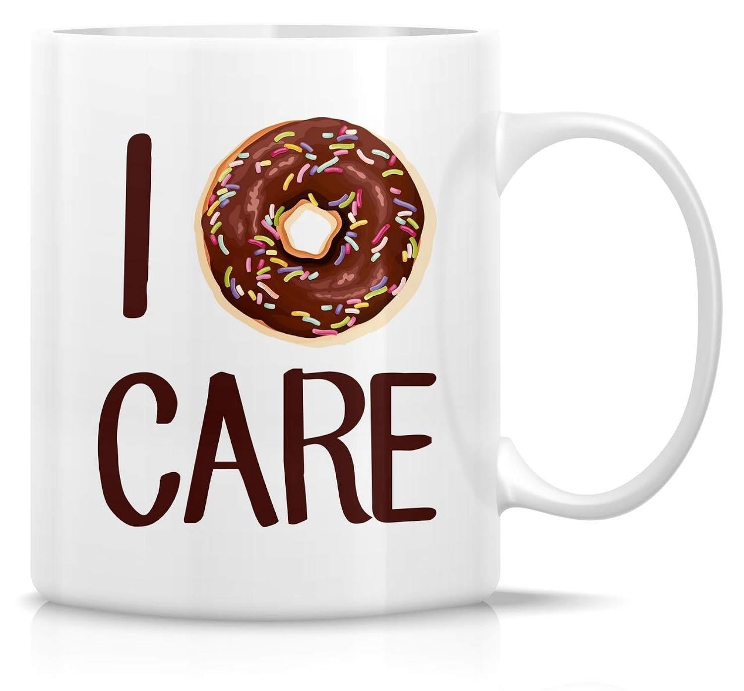 Tailorly White Ceramic 11 oz Mug - I Care Delicious Chocolate Glazed Donut With Sprinkles Floating Between Minimalist Text Donut