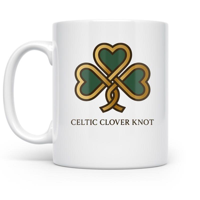 Tailorly White Ceramic 11 oz Mug - Celtic Clover Knot Golden Metallic Interlaced Knotwork Patterns Surrounded By Clean White Space Shamrock