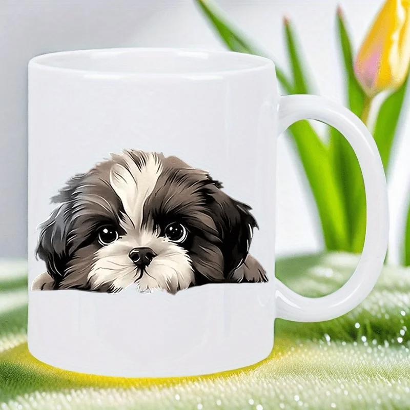 Tailorly White Ceramic 11 oz Mug - Fluffy Black And White Peeking Over Edge With Big Dark Eyes Puppy