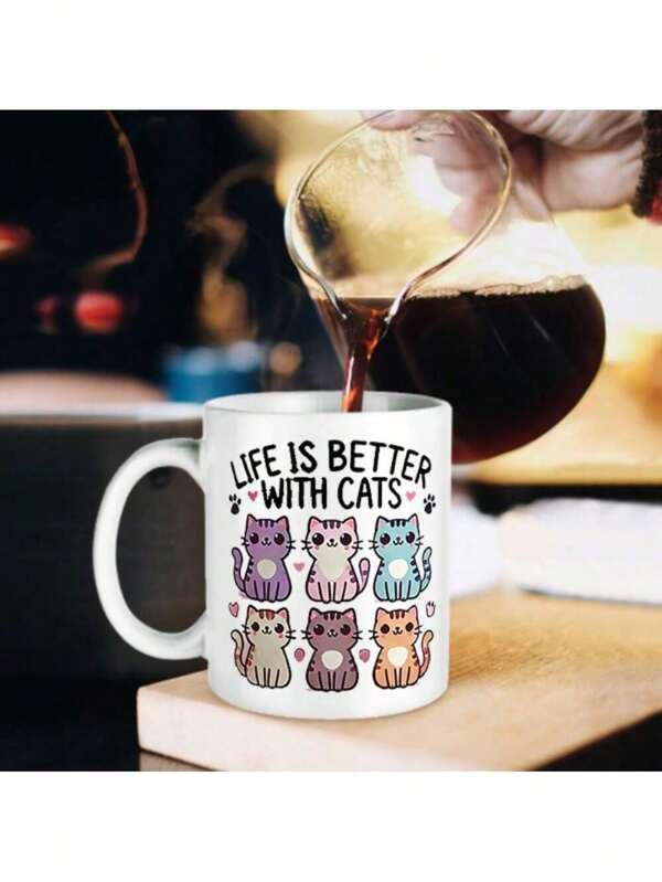 Tailorly White Ceramic 11 oz Mug - Life Is Better With Cats Six Colorful Cartoon Kittens Arranged In A Neat Grid Pattern Cat