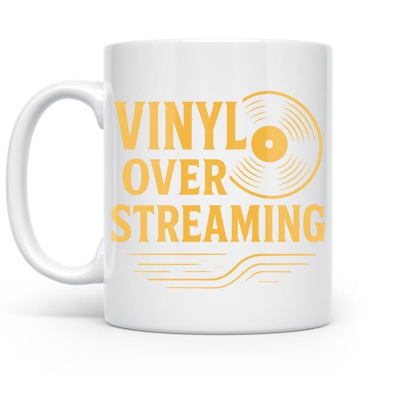Tailorly White Ceramic 11 oz Mug - Vinyl Over Streaming Golden Stylized Circular Grooves Floating Above Abstract Linear Waves Record