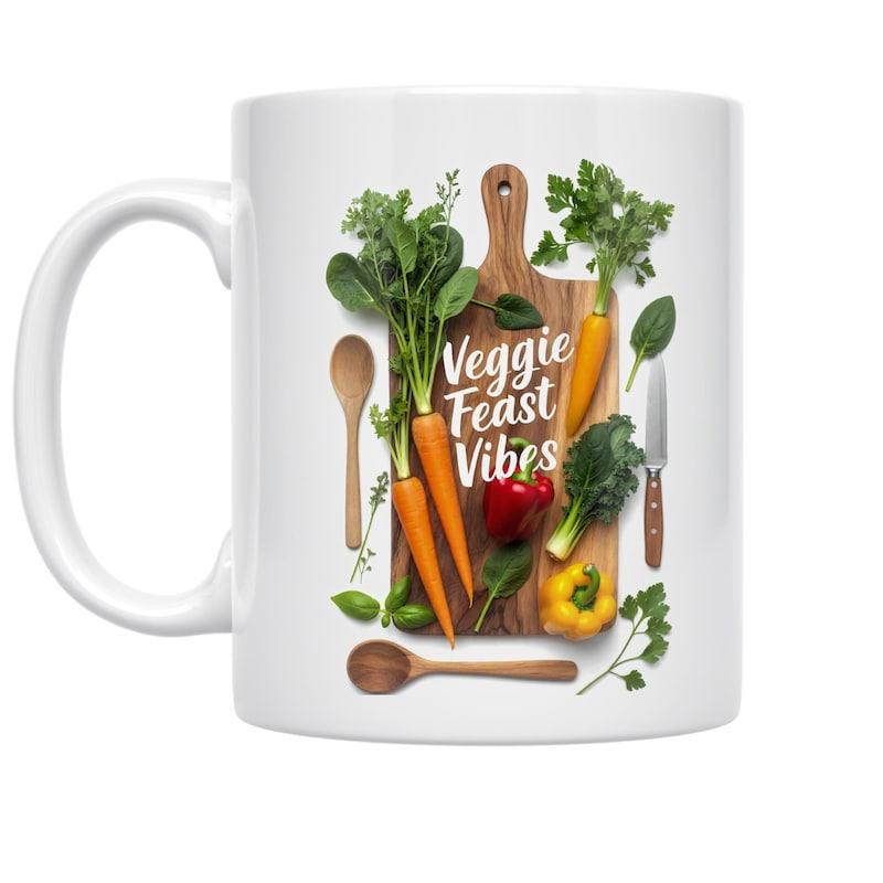 Tailorly White Ceramic 11 oz Mug - Veggie Feast Vibes Fresh Garden Greens And Rustic Kitchenware Arranged On Wooden Board Vegetable