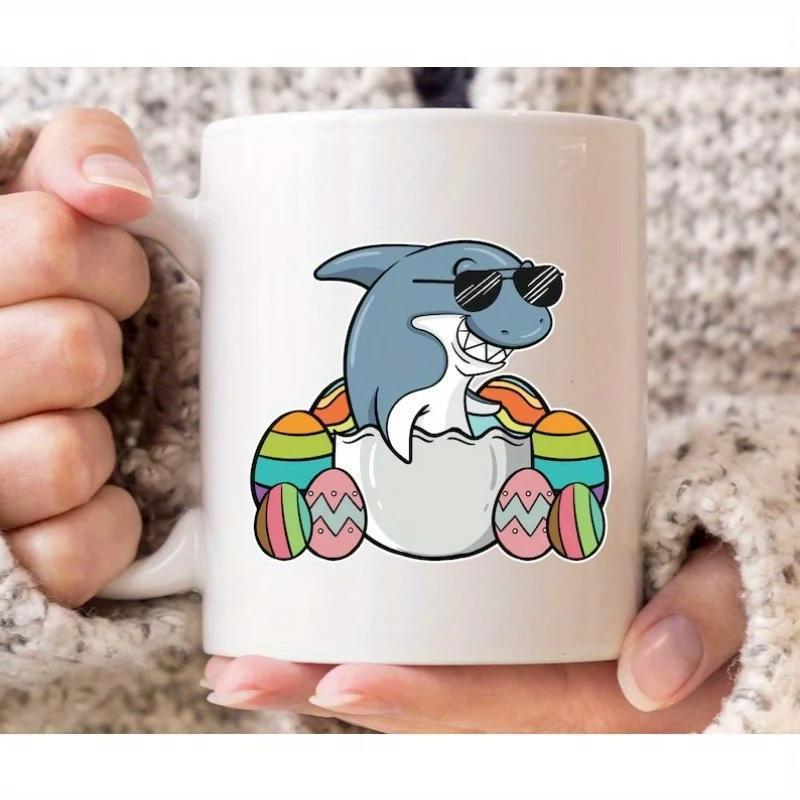 Tailorly White Ceramic 11 oz Mug - Cool Cartoon Character Wearing Sunglasses Emerging From Colorful Patterned Easter Egg Shark