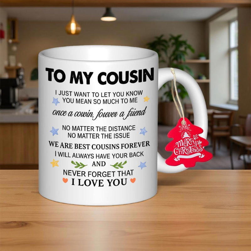 Tailorly White Ceramic 11 oz Mug - To My Cousin Forever A Friend Decorative Small Green Sprigs And Bright Colorful Twinkling Stars Heartfelt Sign