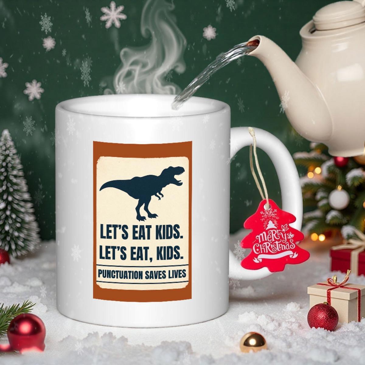 Tailorly White Ceramic 11 oz Mug - Lets Eat Kids Lets Eat Kids Punctuation Saves Lives Powerful Silhouette Of Predatory Dinosaur Walking Inside Vintage Style Frame