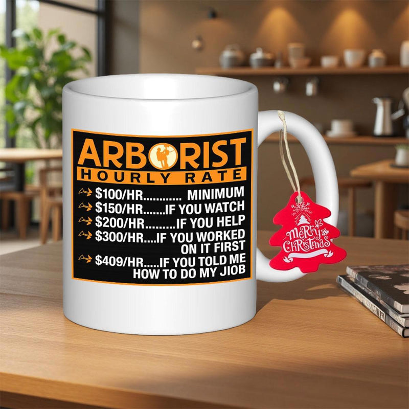 Tailorly White Ceramic 11 oz Mug - Arborist Hourly Rate Bold Black Rectangular Pattern Printed On Smooth