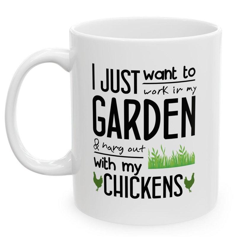Tailorly White Ceramic 11 oz Mug - I Just Want To Work In My Garden And Hang Out With My Chickens Minimalist Green Grass Elements Among Farm Life Silhouette