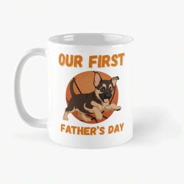 Tailorly White Ceramic 11 oz Mug - Our First Fathers Day Playful Young German Shepherd Puppy Jumping Against A Circular Background German Shepherd