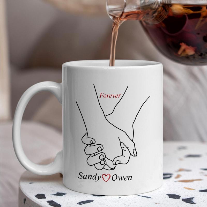 Tailorly White Ceramic 11 oz Mug - Forever Sandy Owen Minimalist Black Line Drawing Of Two Interlocked Gentle Romantic Lovers Hands