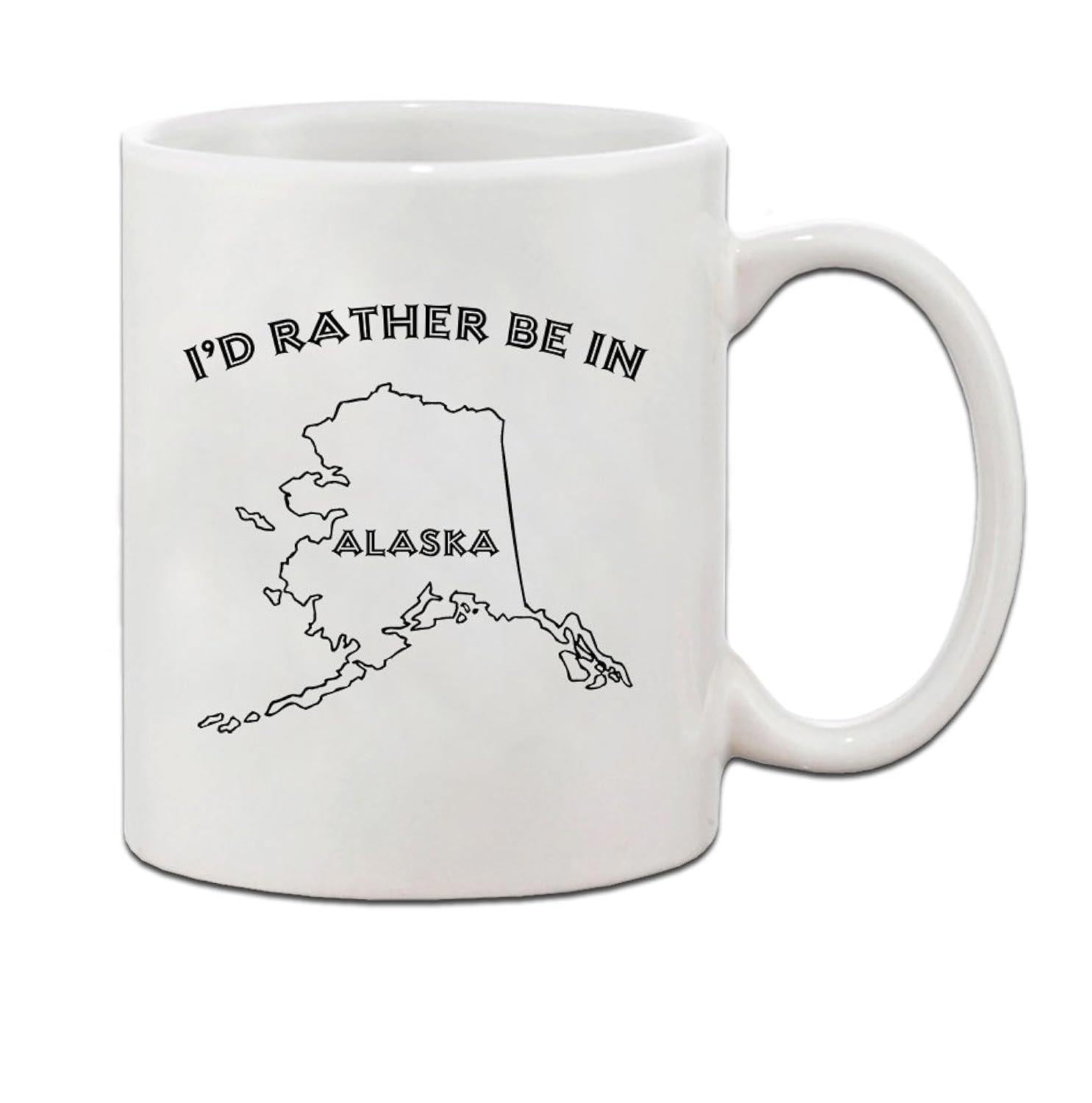 Tailorly White Ceramic 11 oz Mug - Id Rather Be In Alaska Minimalist Black Line Drawing Of Northern State Region Map