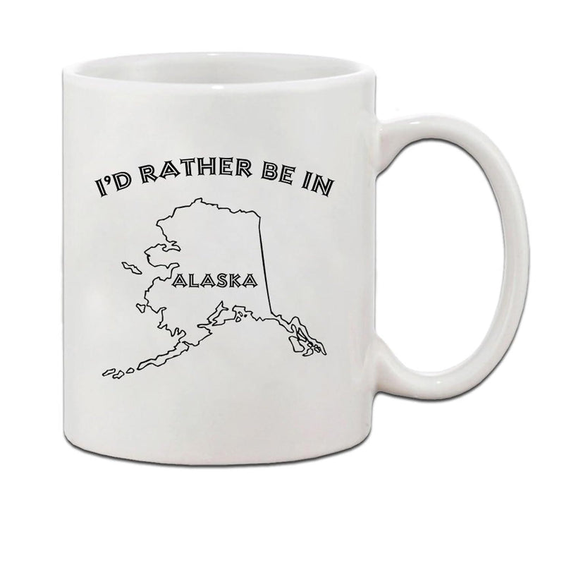 Tailorly White Ceramic 11 oz Mug - Id Rather Be In Alaska Minimalist Black Line Drawing Of Northern State Region Map