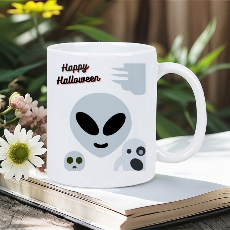 Tailorly White Ceramic 11 oz Mug - Happy Halloween Minimalist Grey Extraterrestrial Face Floating Beside Spooky White Ethereal Spirits Alien
