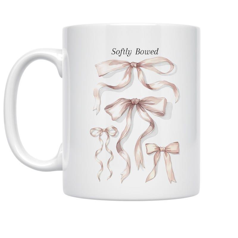 Tailorly White Ceramic 11 oz Mug - Softly Bound Elegant Watercolor Satin Ribbons Floating With Delicate Pink Silk Bow