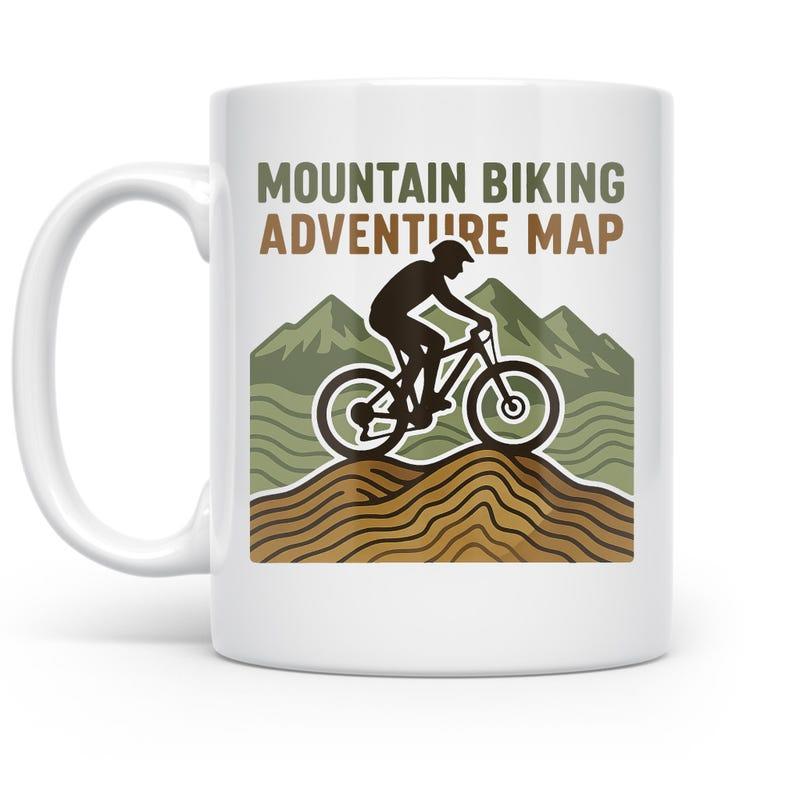 Tailorly White Ceramic 11 oz Mug - Mountain Biking Adventure Map Rugged Terrain Under Scenic Green Peaks With A Biking Silhouette Cyclist