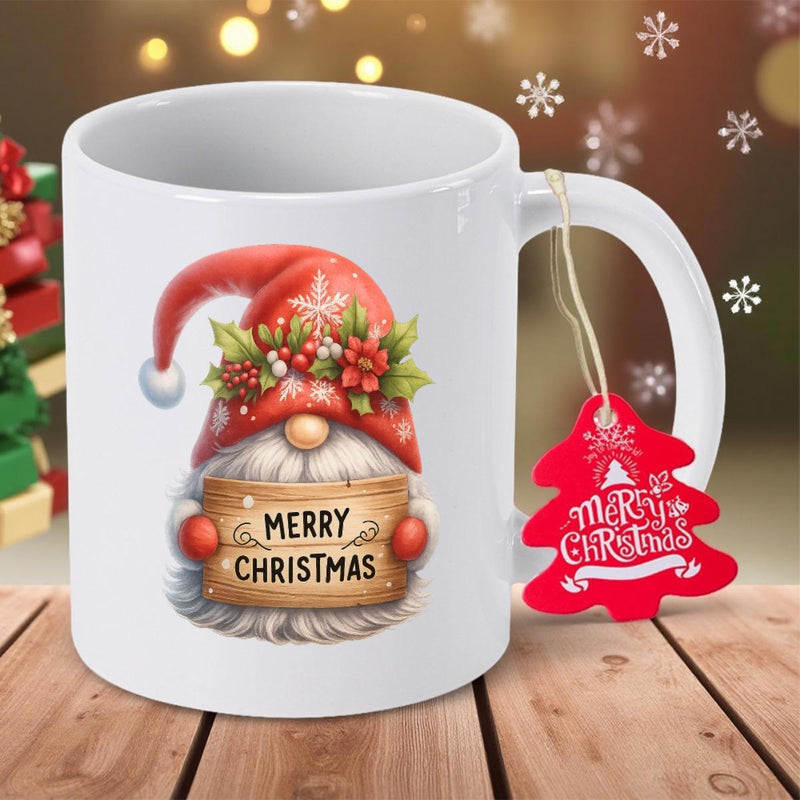 Tailorly White Ceramic 11 oz Mug - Merry Christmas Festive Christmas Holiday Theme With Red Hat And Berry Decorations Gnome