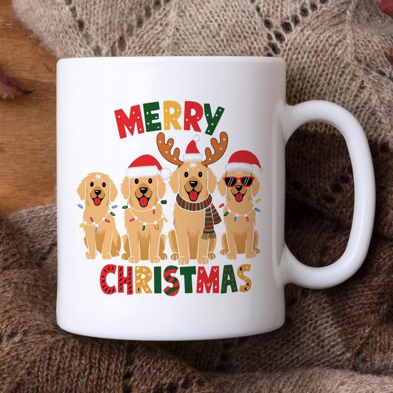 Tailorly White Ceramic 11 oz Mug - Merry Christmas Festive Golden Retrievers Wearing Santa Hats And Reindeer Antlers With Lights Dog