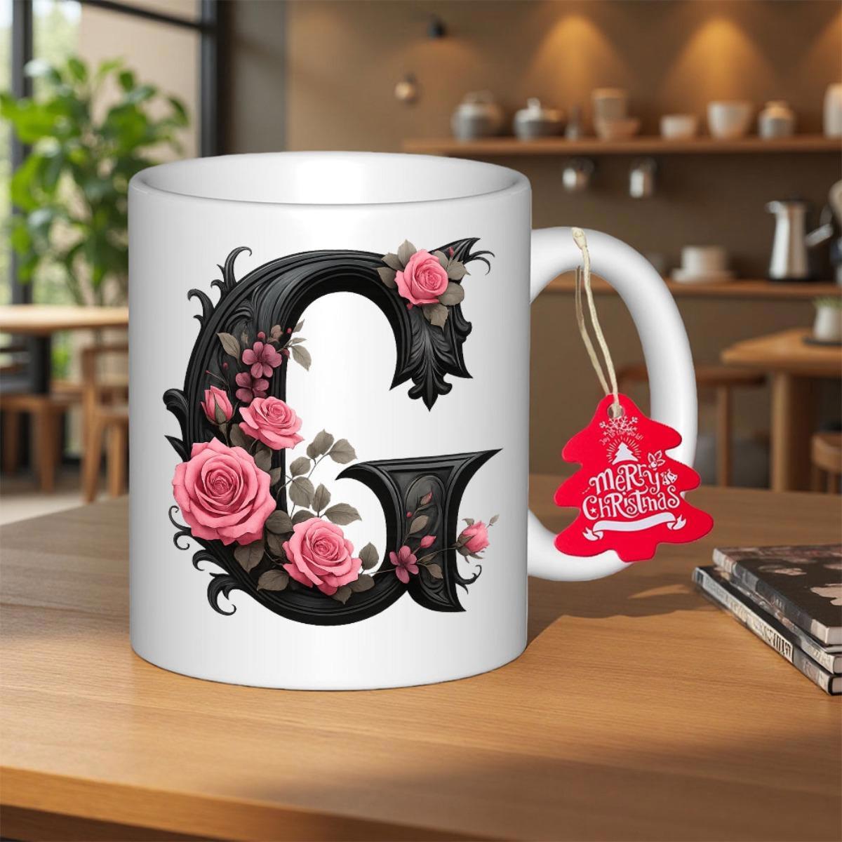 Tailorly White Ceramic 11 oz Mug - G Merry Christmas Elegant Gothic Style Black Capital Adorned With Pink Floral Roses Letter