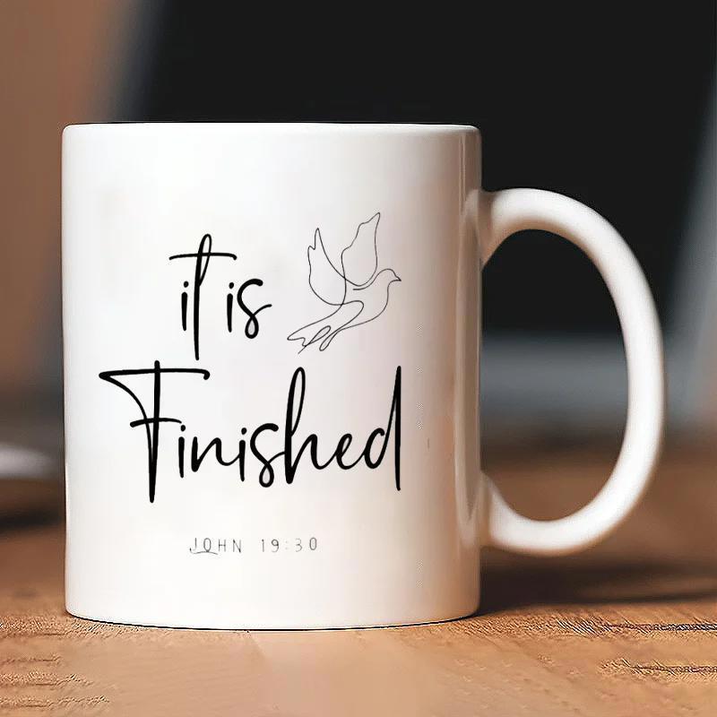 Tailorly White Ceramic 11 oz Mug - It Is Finished John 19 30 Minimalist Black Line Art Flying Gracefully Above Scripted Religious Message Dove