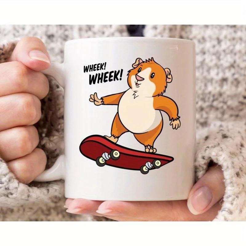 Tailorly White Ceramic 11 oz Mug - Wheek Wheek Adorable Cartoon Orange Guinea Pig Riding A Red Skateboard Guinea Pig