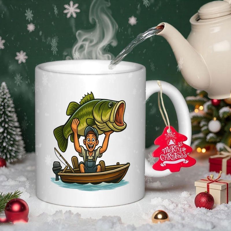 Tailorly White Ceramic 11 oz Mug - Merry Christmas Excited Fisherman Lifting Giant Green Catch On Small Wooden Boat Fish