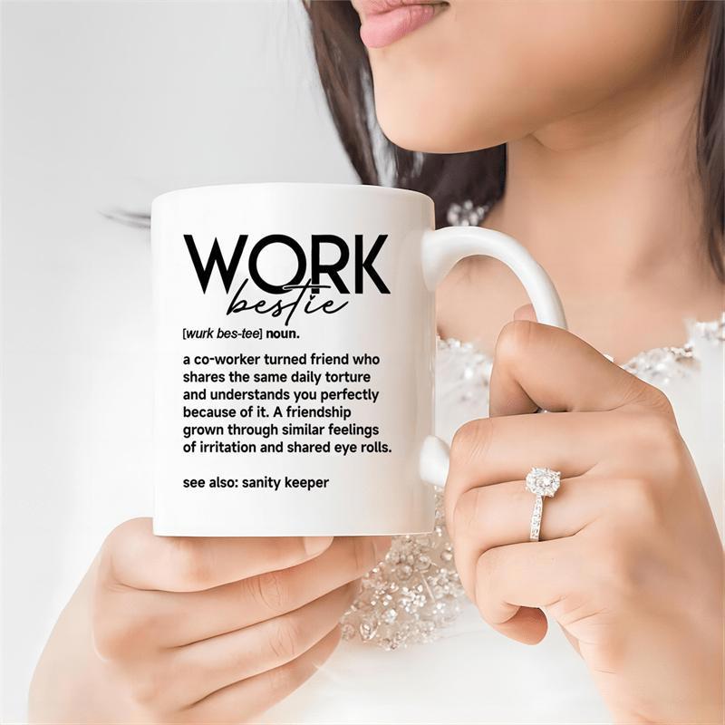Tailorly White Ceramic 11 oz Mug - Work Bestie Minimalist Black Lettering Printed On A Smooth