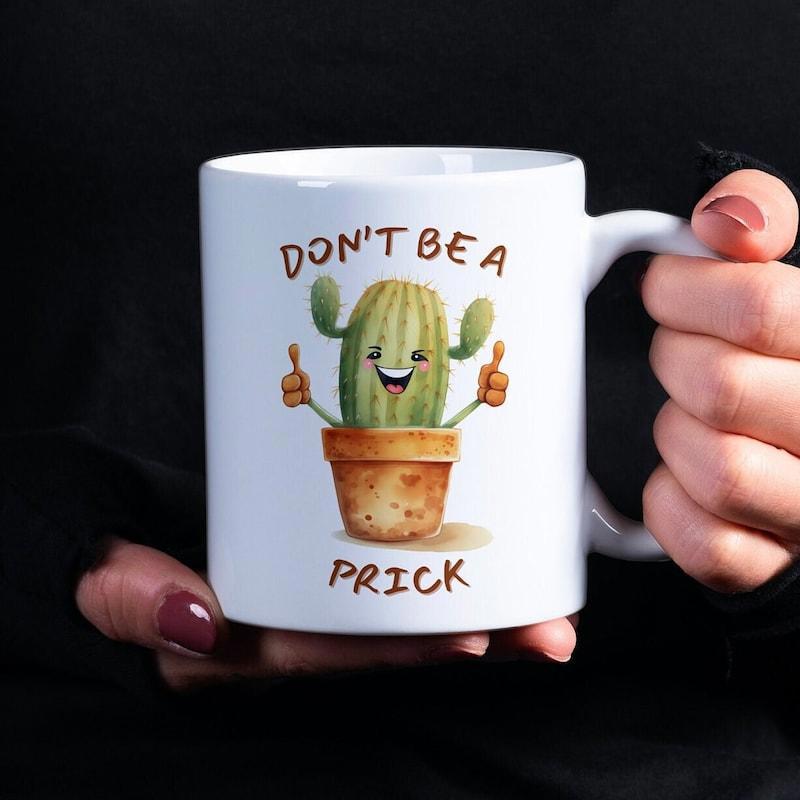 Tailorly White Ceramic 11 oz Mug - Don't Be A Prick Cheerful Smiling Potted Succulent Giving Double Thumbs Up Cactus