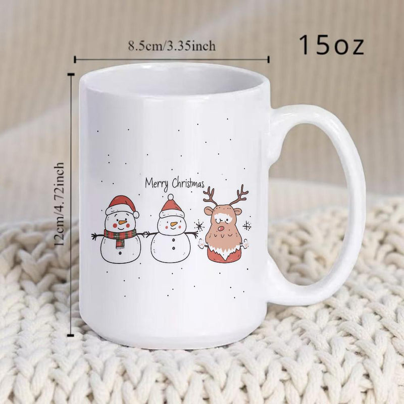 Tailorly White Ceramic 11 oz Mug - Merry Christmas Cute Cartoon Snowmen Playing Together In A Soft Snowy Winter Reindeer