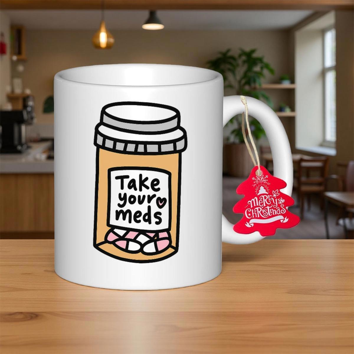 Tailorly White Ceramic 11 oz Mug - Take Your Meds Simple Cartoon Style Orange Medicine Bottle With Little Pink Pills Illustration Bottle