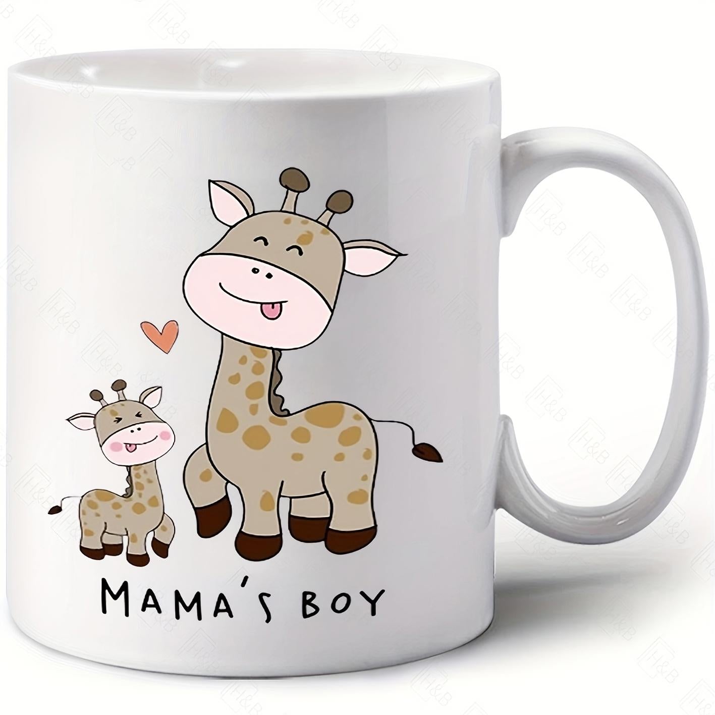 Tailorly White Ceramic 11 oz Mug - Mamas Boy Cute Mother And Baby Animals Standing Next To Small Heart Giraffe