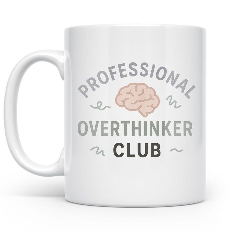 Tailorly White Ceramic 11 oz Mug - Professional Overthinker Club Minimalist Pink Cartoon Human Anatomical Organ With Grey Squiggly Lines Brain