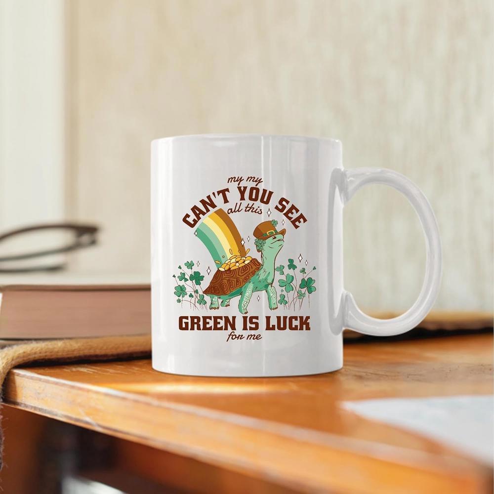 Tailorly White Ceramic 11 oz Mug - My Dog Cant You See All This Green Is Luck From Me Smiling Emerald Puppy Wearing Dark Sunglasses Under Golden Rainbow Shamrocks
