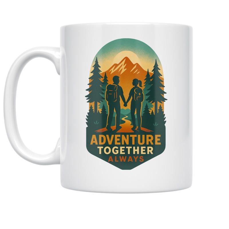 Tailorly White Ceramic 11 oz Mug - Adventure Together Always Couple Hiking Through Pine Forest Under Golden Sun In Distant Mountain Hikers