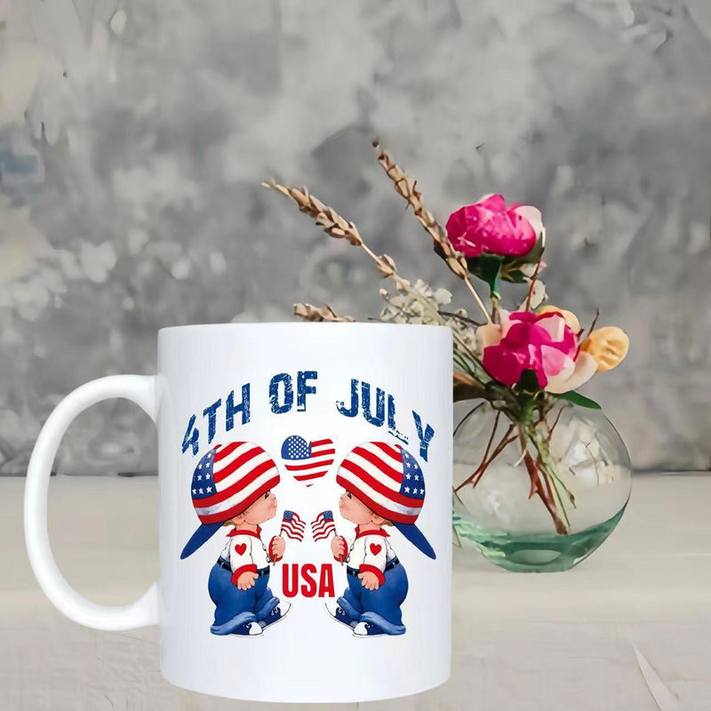 Tailorly White Ceramic 11 oz Mug - 4th Of July USA Cute Toddlers Dressed In Patriotic Clothing Wearing American Flag Hats Toddlers